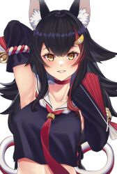 Rule 34 | 1girl, animal ear fluff, animal ears, arm up, armpits, black hair, breasts, detached sleeves, flipped hair, hair between eyes, hair ornament, hairclip, highres, hololive, large breasts, long hair, looking at viewer, low-tied long hair, midriff, multicolored hair, ookami mio, ookami mio (1st costume), red hair, solo, spiked hair, streaked hair, very long hair, virtual youtuber, wanzi (99wanzi99), wolf ears, wolf girl, yellow eyes