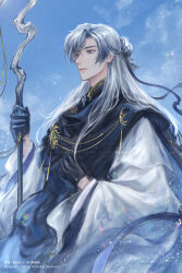 Rule 34 | 1boy, :|, bishounen, blue ribbon, chinese clothes, closed mouth, code: kite, expressionless, grey eyes, hair bun, half updo, hanfu, highres, holding, holding wand, long hair, long sleeves, looking at another, male focus, parted bangs, ribbon, solo, upper body, very long hair, wand, wang can (code:kite), white hair, wide sleeves