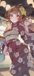 1girl blush brown_eyes brown_hair closed_mouth commentary_request floral_print floral_print_kimono food gakuen_idolmaster gradient_hair hanami_ume highres idolmaster japanese_clothes kimono looking_at_viewer mask mask_on_head multicolored_hair ningen_mame noodles obi pouch print_kimono red_kimono sash solo standing standing_on_one_leg yukata