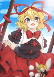 Rule 34 | 1girl, absurdres, black shirt, blouse, blue eyes, bow, bowtie, collared shirt, doll, eyes visible through hair, fang, fangs, flying, frills, hair between eyes, hands up, highres, looking at viewer, medicine melancholy, open mouth, puffy short sleeves, puffy sleeves, red bow, red bowtie, red skirt, shirt, short hair, short sleeves, skirt, smile, solo, standing, su-san, teeth, tongue, touhou