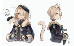 Rule 34 | 1boy, androgynous, animal ears, beret, black gloves, black shirt, black shorts, blonde hair, blue eyes, bow, cat boy, cat ears, cat tail, freminet (genshin impact), genshin impact, gloves, hat, highres, lyney (genshin impact), male focus, puffy sleeves, shirt, shorts, simple background, sleeve cuffs, solo, tail, top hat, white background, wolfram 1