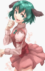 Rule 34 | 1girl, animal ears, dog ears, dress, fang, green eyes, green hair, hand up, highres, juliet sleeves, kasodani kyouko, long sleeves, looking at viewer, open mouth, pink dress, puffy sleeves, sash, short dress, solo, thighs, touhou, wind, wind lift, yasaidon