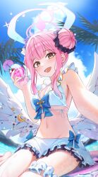 Rule 34 | 1girl, absurdres, arch a4, bikini, bikini skirt, blue archive, blue sky, breasts, cloud, cup, drinking glass, hair bun, halo, highres, holding, holding cup, large breasts, long hair, looking at viewer, mika (blue archive), navel, open mouth, pink hair, selfie, sitting, sky, smile, solo, stomach, swimsuit, white bikini, white wings, wings, yellow eyes