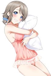 Rule 34 | 1girl, absurdres, between breasts, blue eyes, blush, breasts, brown hair, camisole, cowboy shot, dutch angle, grin, hair ornament, hair scrunchie, head tilt, highres, lace trim, looking at viewer, love live!, love live! sunshine!!, medium breasts, hugging object, panties, pillow, pillow hug, pink panties, sankuro (agoitei), scrunchie, short hair, short ponytail, simple background, smile, solo, swept bangs, underwear, underwear only, watanabe you, white background