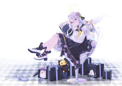 Rule 34 | 1girl, absurdres, angel wings, azusa (blue archive), black dress, black ribbon, black sailor collar, black socks, blue archive, box, chair, chinese commentary, closed mouth, commentary request, crossed bangs, dress, expressionless, feathered wings, feathers, floor tiles, flower, forest 0, frilled socks, frills, from side, gift, gift box, grey hair, hair between eyes, hair flower, hair ornament, hair ribbon, halo, highres, jacket, long hair, long sleeves, looking at viewer, mary janes, neckerchief, on chair, peroro (blue archive), petticoat, purple eyes, reflective floor, ribbon, sailor collar, shoes, sitting, socks, solo, very long hair, white feathers, white footwear, white jacket, wings, yellow neckerchief