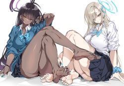 Rule 34 | 2girls, ahoge, aqua bow, aqua bowtie, aqua ribbon, aqua scrunchie, ass, asuna (blue archive), bare legs, barefoot, black hair, blue archive, blue jacket, blue nails, blush, bow, bowtie, breasts, button gap, choker, cle masahiro, cleavage, closed mouth, collarbone, crossed legs, dark skin, feet, fingernails, full body, grin, hair over one eye, halo, head tilt, jacket, karin (blue archive), knee up, knees up, large breasts, legs, light brown hair, long hair, looking at viewer, loose bowtie, messy hair, multiple girls, nail polish, pleated skirt, ribbon, school uniform, scrunchie, shirt, simple background, sitting, sketch, skirt, sleeves rolled up, smile, socks, soles, spread toes, straight hair, thick thighs, thighs, toenail polish, toenails, toes, white background, white shirt, yellow eyes