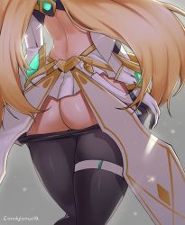 Rule 34 | 1girl, ass, back, blonde hair, clothes pull, condylonucla, dress, from behind, gloves, gold trim, grey background, head out of frame, highres, long hair, microskirt, mythra (massive melee) (xenoblade), mythra (xenoblade), pantyhose, shadow, skindentation, skirt, solo, thighs, undressing, white dress, xenoblade chronicles (series), xenoblade chronicles 2