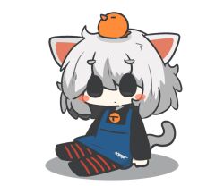 Rule 34 | 1girl, animal, animal ears, animal on head, bell, bird, black shirt, blue dress, blush stickers, cat ears, cat girl, cat tail, chibi, closed mouth, commentary request, dress, full body, grey eyes, grey hair, jingle bell, long sleeves, neck bell, no shoes, on head, original, pantyhose, shadow, shirt, short eyebrows, simple background, sitting, sleeveless, sleeveless dress, solo, striped clothes, striped pantyhose, tail, thick eyebrows, uni souchou, white background