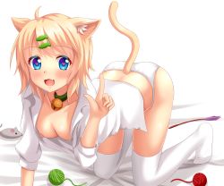 Rule 34 | 1girl, ahoge, all fours, animal ear fluff, animal ears, bad id, bad pixiv id, bell, blonde hair, blue eyes, blush, breasts, cat ears, cat tail, fang, hair ornament, hairclip, heart, heart-shaped pupils, jingle bell, kagamine rin, looking at viewer, medium breasts, nipple slip, nipples, nottytiffy, open clothes, open mouth, open shirt, panties, shirt, short hair, smile, solo, symbol-shaped pupils, tail, thighhighs, toy, underwear, vocaloid, white panties, white thighhighs, wool