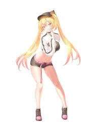 Rule 34 | 1girl, absurdres, bare legs, baseball cap, belt, black footwear, black hat, black shirt, black shorts, blonde hair, breasts, commission, crop top, facial mark, full body, gradient hair, grin, hair through headwear, hand up, hat, heart, highres, keibeam, legs, long hair, long sleeves, looking at viewer, medium breasts, micro shorts, midriff, multicolored hair, navel, original, red eyes, shirt, shoes, short shorts, shorts, shrug (clothing), simple background, smile, solo, standing, stomach, thighs, twintails, very long hair, white background