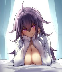 Rule 34 | 1girl, blouse, blush, breasts, closed mouth, hair between eyes, haruto (pokoten), large breasts, long hair, long sleeves, looking at viewer, original, pokoten (pokoten718), purple eyes, purple hair, shirt, smile, solo, sunlight, white shirt, window