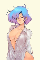 Rule 34 | 1girl, absurdres, arms behind back, blue hair, borrowed character, breasts, collarbone, commentary, david liu, dress shirt, english commentary, gift art, gradient hair, highres, large breasts, looking at viewer, multicolored hair, naked shirt, no bra, original, partially unbuttoned, purple eyes, purple hair, shirt, short hair, solo, white shirt