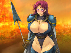 Rule 34 | 1girl, armor, belt, blush, breasts, brown gloves, cape, closed mouth, cowboy shot, gloves, groin, holding, holding weapon, huge breasts, impossible clothes, jewelry, legs, leotard, long hair, looking at viewer, makeikusa no gofujin wa hisan da yo, necklace, original, pendant, pink eyes, purple hair, shoulder pads, solo, standing, thighs, weapon, yoko juusuke