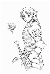 Rule 34 | !, 1girl, alternate costume, armor, braid, braided ponytail, chibi, chibi inset, dungeon meshi, ears down, elf, faulds, from side, gauntlets, greyscale, highres, kaminskyw, kensuke (dungeon meshi), knight, living armor (dungeon meshi), long hair, looking at viewer, looking to the side, marcille donato, monochrome, pauldrons, plate armor, pointy ears, shoulder armor, simple background, surprised, sword, tentacles, weapon, winged sword