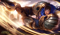 Rule 34 | 1boy, alex flores, armor, artist name, blue eyes, brown hair, city, cloud, cloudy sky, day, fantasy, feet out of frame, fighting stance, garen (league of legends), gauntlets, gloves, highres, league of legends, leather, leather belt, logo, long sword, male focus, manly, mature male, muscular, muscular male, non-web source, official art, open mouth, outdoors, scarf, short hair, shoulder pads, signature, sky, solo, sunlight, sword, teeth, tongue, warrior, weapon