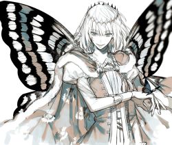 Rule 34 | 1boy, au (d elete), blouse, bug, butterfly, butterfly wings, crown, fate/grand order, fate (series), highres, insect, insect wings, male focus, monochrome, oberon (fate), shirt, smile, solo, white shirt, wings