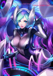Rule 34 | 1girl, alternate costume, blue eyes, blue hair, breasts, citemer, cleavage, dj, dj sona, dress, female focus, gloves, headphones, highres, large breasts, latex, latex dress, league of legends, liuruoyu8888, long hair, looking at viewer, matching hair/eyes, skin tight, smile, solo, sona (league of legends), twintails