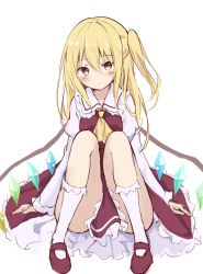 Rule 34 | 1girl, alternate eye color, alternate hair length, alternate hairstyle, ascot, blonde hair, blush, breasts, brown dress, brown footwear, closed mouth, clothes between thighs, collarbone, collared shirt, commentary request, crystal, dress, flandre scarlet, frills, hair between eyes, highres, hyurasan, jewelry, juliet sleeves, long hair, long sleeves, looking up, medium breasts, multicolored wings, no headwear, one side up, puffy sleeves, purple shirt, shirt, shoes, simple background, sitting, socks, solo, touhou, white background, white socks, wings, yellow ascot, yellow eyes