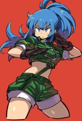 Rule 34 | 1girl, bad id, bad twitter id, blue eyes, blue hair, fighting stance, gloves, highres, leona heidern, mizuno (okn66), ponytail, shorts, solo, the king of fighters
