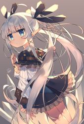 Rule 34 | 1girl, black capelet, black ribbon, black skirt, blue eyes, blush, breasts, capelet, closed mouth, commentary request, dutch angle, frilled capelet, frilled skirt, frills, grey background, hair ornament, hair ribbon, hairclip, hand up, highres, long hair, long sleeves, looking away, looking to the side, original, pleated skirt, pointy ears, puffy long sleeves, puffy sleeves, ribbon, shirt, sidelocks, signature, silver hair, skirt, small breasts, solo, standing, twintails, very long hair, wagashi928, white shirt, x hair ornament