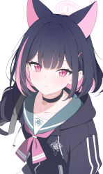 Rule 34 | 1girl, animal ears, biohazard symbol, black choker, black hair, black jacket, blue archive, blue sailor collar, cat ears, choker, collarbone, drawstring, hair ornament, hairclip, halo, highres, hood, hood down, hooded jacket, jacket, jyt, kazusa (blue archive), long sleeves, looking at viewer, multicolored hair, parted lips, pink eyes, pink hair, sailor collar, school uniform, simple background, sleeves past fingers, sleeves past wrists, solo, two-tone hair, upper body, white background