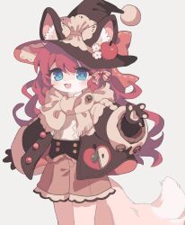 Rule 34 | 1girl, animal ear fluff, animal ears, apple, blue eyes, bow, brown jacket, brown scarf, brown shorts, buttons, cable knit, cat ears, cat girl, commentary request, commission, corset, cowboy shot, ears through headwear, fewer digits, food, from side, fruit, furry, furry female, gomafuto, grey background, hair bow, hat, hat bow, hat ornament, highres, jacket, lace trim, long hair, long sleeves, looking at viewer, open clothes, open jacket, open mouth, original, pawpads, red hair, scarf, shorts, simple background, smile, solo, standing, wavy hair, witch hat, zipper, zipper pull tab