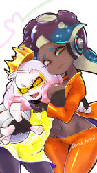 Rule 34 | 2girls, breasts, brown hair, cowboy shot, crown, dark-skinned female, dark skin, fingerless gloves, gloves, headphones, highres, hug, large breasts, looking at viewer, marina (splatoon), mole, mole under mouth, mtk hoshi, multiple girls, navel piercing, nintendo, open mouth, outstretched hand, pearl (splatoon), piercing, smile, splatoon (series), splatoon 2, splatoon 3, sunglasses, tentacle hair, thick thighs, thigh gap, thighs, white background, white hair, wide hips