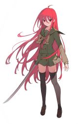 Rule 34 | 1girl, ahoge, aiko (kanl), black thighhighs, bow, bowtie, full body, green shirt, green skirt, highres, holding, holding sword, holding weapon, katana, loafers, long hair, long sleeves, looking at viewer, miniskirt, red eyes, red hair, sailor collar, school uniform, shakugan no shana, shana, shirt, shoes, simple background, skirt, solo, standing, sword, thighhighs, thighs, v-shaped eyebrows, very long hair, weapon, white background, zettai ryouiki
