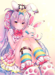 Rule 34 | 1girl, :&lt;, animal ears, bandaid, bandaid on knee, bandaid on leg, bare shoulders, blue bow, blush, bow, breasts, closed mouth, commentary request, crop top, crown, flower, hair between eyes, hair bow, hair flower, hair ornament, hair ribbon, hugging object, knees up, long hair, looking at viewer, medium breasts, mini crown, nemuri nemu, original, paw shoes, rabbit ears, red bow, red ribbon, ribbon, rose, shirt, shoe soles, shoes, silver hair, sitting, sleeveless, sleeveless shirt, socks, solo, striped clothes, striped socks, stuffed animal, stuffed rabbit, stuffed toy, twintails, underboob, very long hair, white footwear, white shirt, yellow eyes, yellow flower, yellow rose