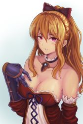 Rule 34 | 10s, 1girl, bare shoulders, black bow, blonde hair, blush, bow, breasts, cleavage, collarbone, detached sleeves, dress, female focus, gauntlets, gradient background, granblue fantasy, hair between eyes, hair bow, hand on own chest, hand up, jewelry, large breasts, long hair, looking at viewer, neck, necklace, open mouth, parted lips, pink eyes, ponytail, red detached sleeves, red dress, serious, sidelocks, solo, strapless, strapless dress, vira (granblue fantasy), yamikyon