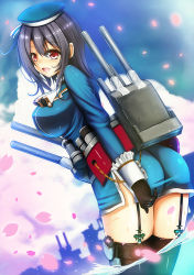 Rule 34 | 10s, 1girl, :d, ass, beret, black gloves, black hair, black thighhighs, blush, breasts, cherry blossoms, cowboy shot, garter straps, gloves, hat, kantai collection, kouzuki tsubasa (musou kaidou), large breasts, leaning forward, long sleeves, looking at viewer, machinery, military, military uniform, nose blush, open mouth, petals, red eyes, smile, solo, takao (kancolle), thighhighs, turret, uniform