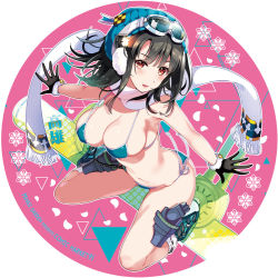 Rule 34 | 10s, 1girl, beanie, bikini, black gloves, black hair, blue bikini, blush, boots, breasts, cleavage, collarbone, commentary request, earmuffs, gloves, goggles, goggles on head, hat, hayakawa akari, kantai collection, large breasts, looking at viewer, navel, open mouth, red eyes, scarf, short hair, side-tie bikini bottom, smile, snowboard, solo, swimsuit, takao (kancolle), white scarf