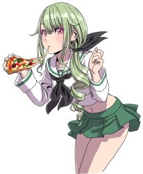 Rule 34 | 1girl, absurdres, alternate costume, alternate hairstyle, anchovy (girls und panzer), black neckerchief, black ribbon, blouse, cowboy shot, cross, eating, food, food in mouth, girls und panzer, green hair, green skirt, hair over shoulder, hair ribbon, highres, leaning forward, long hair, long sleeves, looking at viewer, midriff, miniskirt, navel, neckerchief, ooarai school uniform, pizza, pleated skirt, red eyes, ribbon, school uniform, serafuku, shirt, simple background, single drill, single stripe, skirt, solo, standing, twintails, white background, white shirt, yamashita shun&#039;ya