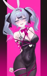 Rule 34 | 1girl, absurdres, animal ears, arms behind back, black leotard, black pantyhose, blush, bow, bowtie, breasts, cleavage, clothing cutout, commentary request, covered navel, cowboy shot, cutout above navel, fake animal ears, grey eyes, grey hair, hatsune miku, heart, heart cutout, heart in eye, highres, leotard, looking at viewer, medium breasts, mon (m0n), nail polish, pantyhose, pink bow, pink bowtie, pink nails, playboy bunny, rabbit ears, rabbit hole (vocaloid), solo, sweat, symbol in eye, teardrop facial mark, twintails, vocaloid