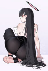 Rule 34 | 1girl, ass, black hair, black leggings, blue archive, dated, feet, from behind, hair ornament, hairpin, halo, highres, holding, holding tablet pc, leggings, long hair, looking at viewer, looking back, manzai sugar, open mouth, red eyes, rio (blue archive), signature, soles, solo, tablet pc, toes, very long hair