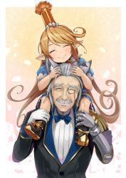 Rule 34 | 10s, 1boy, 1girl, ^ ^, animal ears, black footwear, blonde hair, blue bow, blush, boots, bow, bowtie, charlotta (granblue fantasy), closed eyes, commentary request, crown, facial hair, gauntlets, granblue fantasy, hinami (hinatamizu), long hair, md5 mismatch, monocle, mustache, pointy ears, resolution mismatch, sevastian (granblue fantasy), silver hair, sitting on shoulder, smile, source larger, very long hair