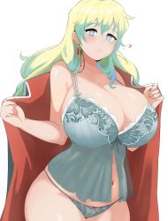 Rule 34 | 1girl, absurdres, ahoge, alternate breast size, blonde hair, blue camisole, blue eyes, breasts, camisole, cape, coco (setawar), cross-shaped pupils, earrings, heart, highres, jewelry, large breasts, light smile, long hair, looking at viewer, navel, nia teppelin, panties, smile, solo, symbol-shaped pupils, tengen toppa gurren lagann, underwear, white background