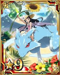 Rule 34 | 10s, 1girl, arm up, black eyes, black hair, card (medium), collarbone, flower, hat, hibiscus, holding, long hair, looking at viewer, mini person, minigirl, multiple tails, open mouth, pina (sao), red eyes, red flower, riding, solo, star (symbol), sword art online, tail, two tails, white flower, yellow flower, yui (sao), yui (sao-alo)