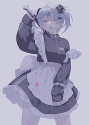 Rule 34 | 1girl, absurdres, apron, baseball bat, belt, black bow, blood, blood on clothes, blood on face, bow, ear piercing, fang, hair between eyes, hair bow, hair ornament, hairclip, highres, holding, holding baseball bat, jersey maid, long sleeves, maid, maid apron, nail, nail bat, nia (x x02), open mouth, original, piercing, pink blood, simple background, solo, thighhighs, track suit, twintails, unconventional maid, white eyes, white hair, white thighhighs, zipper