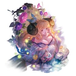 Rule 34 | 1girl, ahoge, alternate hairstyle, anila (granblue fantasy), anila (yukata) (granblue fantasy), belly chain, blonde hair, blunt bangs, blush, bow, breasts, cleavage, curled horns, draph, fish, flower, goldfish, granblue fantasy, hand fan, horns, japanese clothes, jewelry, kimono, large breasts, long hair, looking at viewer, minaba hideo, obi, off shoulder, official art, open mouth, pink flower, purple flower, ribbon, sash, sheep horns, short eyebrows, smile, solo, squatting, thick eyebrows, transparent background, very long hair, white bow, white kimono, white ribbon, wide sleeves, yellow eyes, yukata