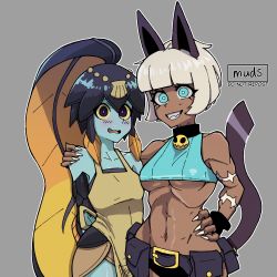 Rule 34 | 2girls, absurdres, apron, bare shoulders, belt buckle, belt pouch, blue eyes, blush, breasts, bright pupils, buckle, cat girl, claws, collar, collarbone, colored sclera, cowboy shot, crop top, dark skin, fingerless gloves, fins, fish girl, gloves, grey background, hand on another&#039;s shoulder, hand on own hip, highres, minette (skullgirls), ms. fortune (skullgirls), muds (tentacles r us), multiple girls, navel, neck bell, open mouth, pink pupils, ponytail, pouch, scar, sharp teeth, shell hair ornament, short hair, skullgirls, smile, teeth, underboob, white hair, white pupils, yellow sclera