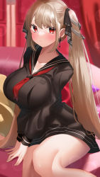 Rule 34 | 1girl, absurdres, alternate costume, azur lane, black ribbon, black sailor collar, breasts, brown skirt, brown sweater, couch, earrings, formidable (azur lane), hair ribbon, highres, indoors, jewelry, large breasts, light brown hair, long hair, looking at viewer, miniskirt, red eyes, ribbon, sailor collar, seele0907, sideways glance, skirt, solo, sweater, twintails, v arms, very long hair
