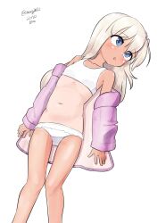 Rule 34 | 1girl, absurdres, bikini, blonde hair, blue eyes, dated, feet out of frame, highres, jacket, kantai collection, long hair, looking to the side, lying, maru (marg0613), official alternate costume, one-hour drawing challenge, one-piece tan, open clothes, open jacket, pink jacket, ro-500 (kancolle), simple background, solo, swimsuit, tan, tanline, twitter username, white background, white bikini