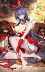 Rule 34 | 1girl, absurdres, alternate costume, azur lane, bare shoulders, bell, blue eyes, blue hair, book, box, breasts, chinese commentary, christmas tree, cleavage, closed mouth, collarbone, commentary request, couch, detached sleeves, doll, dress, full body, gift, gift box, gt-apex, hair between eyes, hair intakes, hair ribbon, happy new year, highres, indoors, large breasts, long hair, looking at viewer, merry christmas, neck bell, new jersey (azur lane), new year, on couch, red dress, red ribbon, red sleeves, ribbon, rug, sidelocks, sitting, skindentation, sleeveless, sleeveless dress, smile, solo, thighhighs, very long hair, white thighhighs, window
