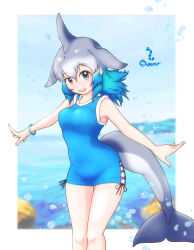 Rule 34 | 1girl, alternate costume, bare arms, bare shoulders, blowhole, blue dress, blue eyes, blue hair, blush, bracelet, cetacean tail, common bottlenose dolphin (kemono friends), cowboy shot, dolphin girl, dorsal fin, dress, fins, fish tail, fur trim, grey hair, head fins, highres, jewelry, kemono friends, looking at viewer, multicolored hair, nokemono-san (bocchi friend), short dress, short hair, sleeveless, solo, tail, tight clothes, tight dress, white fur