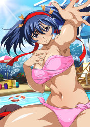 Rule 34 | 00s, 1girl, bare shoulders, bashoku youjou, bikini, blue hair, blush, breasts, cleavage, female focus, hair ornament, ikkitousen, large breasts, legs, looking at viewer, navel, purple eyes, short twintails, sitting, solo, swimsuit, twintails