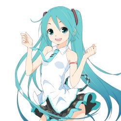 Rule 34 | 1girl, aqua eyes, aqua hair, bare shoulders, belt, blush, breasts, commentary, contrapposto, hair ornament, hands up, hatsune miku, light blush, long hair, looking at viewer, necktie, shirt, shoulder tattoo, skirt, sleeveless, sleeveless shirt, small breasts, smile, solo, soukun s, tattoo, twintails, very long hair, vocaloid, lat model (mikumikudance), white background, white shirt