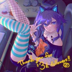 Rule 34 | 1girl, absurdres, alternate costume, animal ear headphones, animal ears, bird, black shirt, blue eyes, cat ear headphones, chair, commentary, controller, desk, english commentary, english text, fake animal ears, fishnets, fu hua, game controller, grey hair, headphones, highres, holding, holding controller, holding game controller, honkai (series), honkai impact 3rd, hyourou m, indoors, keyboard (computer), legs up, looking at viewer, milestone celebration, shirt, single thighhigh, sitting, solo, thighhighs, v