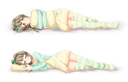 Rule 34 | 1girl, bow, brown hair, closed eyes, closed mouth, dakimakura (medium), dress, frilled pillow, frills, from side, full body, green bow, green ribbon, hair bow, hugging object, long hair, looking at viewer, love live!, love live! school idol festival, love live! school idol project, lying, minami kotori, on side, pillow, pillow hug, ribbon, short dress, side ponytail, simple background, smile, solo, striped clothes, striped thighhighs, thighhighs, white background, yellow dress, yellow eyes, yu-ta, zettai ryouiki