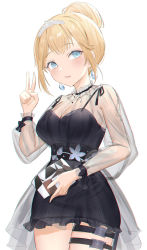 Rule 34 | 1girl, absurdres, black dress, black ribbon, blonde hair, blue eyes, breasts, cleavage, cowboy shot, dress, earrings, gurina, hair bun, hand up, highres, holding, hololive, hololive english, jewelry, looking at viewer, medium breasts, ribbon, see-through, simple background, single hair bun, solo, standing, thigh strap, tiara, v, virtual youtuber, watson amelia, watson amelia (party dress), white background